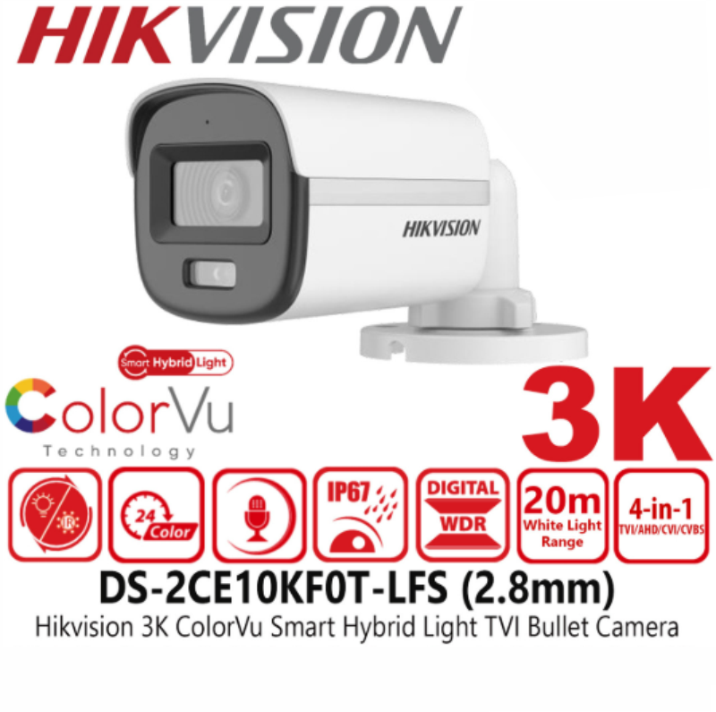CAMARA SEGURIDAD HIKVISON DS-2CE10KF0T-LFS 3K COLORVU SMART HYBRID LIGHT BU