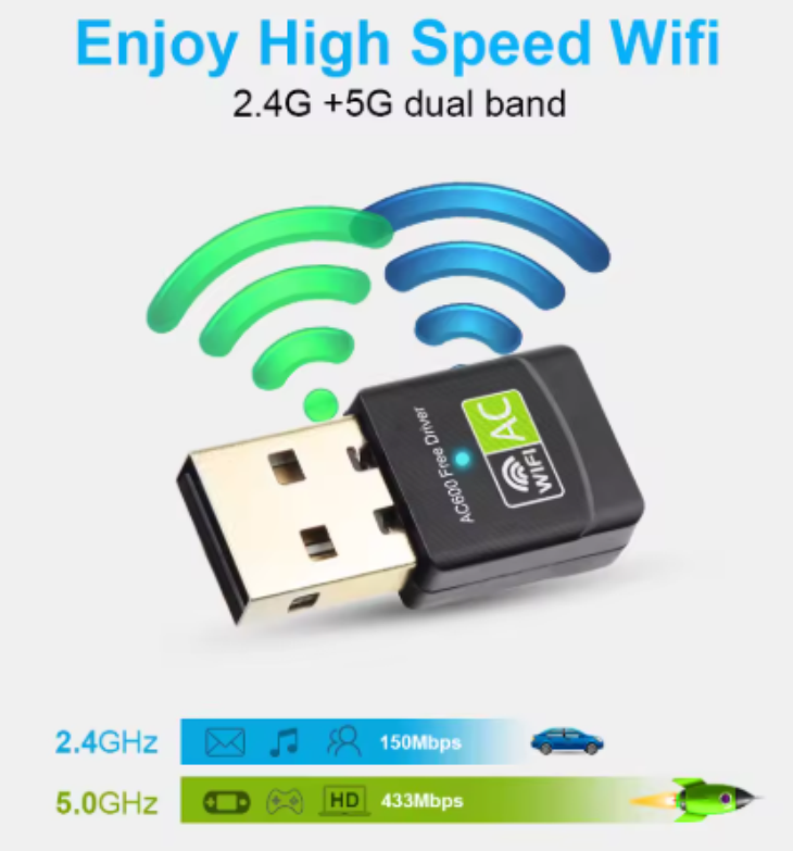 ADAPTADOR WIFI USB 600, 2,4 MBPS, BANDA DUAL, 2,0G/5GHZ, RECEPTOR WIFI 