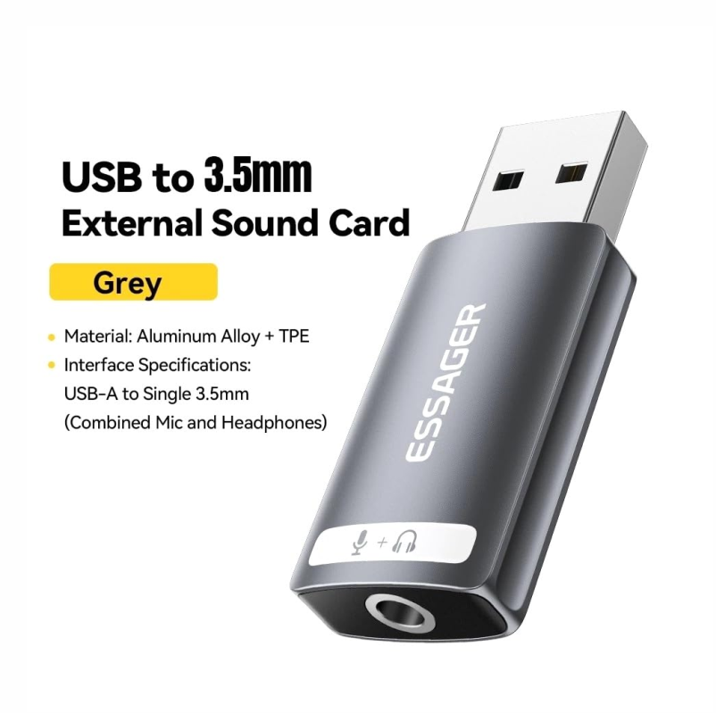 ESSAGER TARJETA DE SONIDO USB A JACK 3.5 MM ADAPTADOR DE AUDIO ESTÉREO EXTERNO USB CONVERTIDOR DE AUDIO PARA LAPTOP Y PC COMPATIBLE CON PS5 Y PS4 PLUG  PLAY