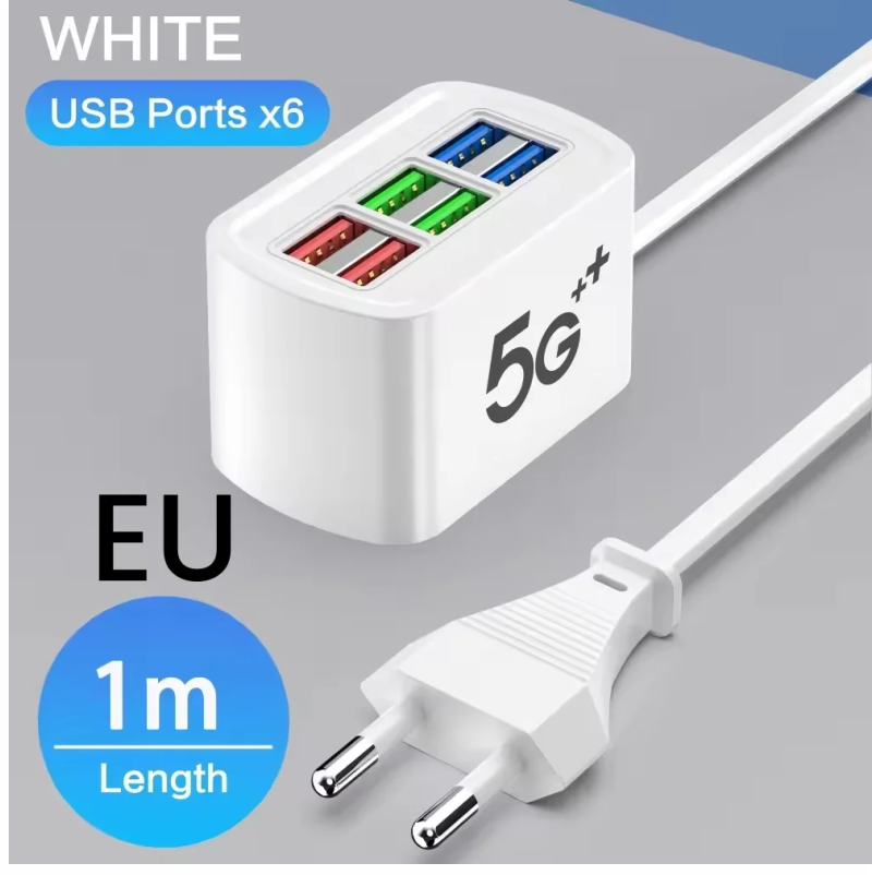 CARGADOR RAPIDO USB MULTIPUERTO DE 6 PUERTOS CABLE 1 MT